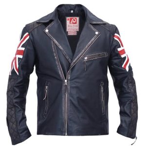 Blouson de motard vintage en cuir véritable noir pour homme avec drapeau britannique
