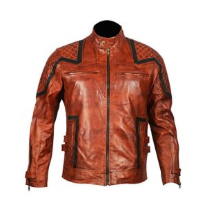 Giacca in pelle da motociclista marrone vintage da uomo