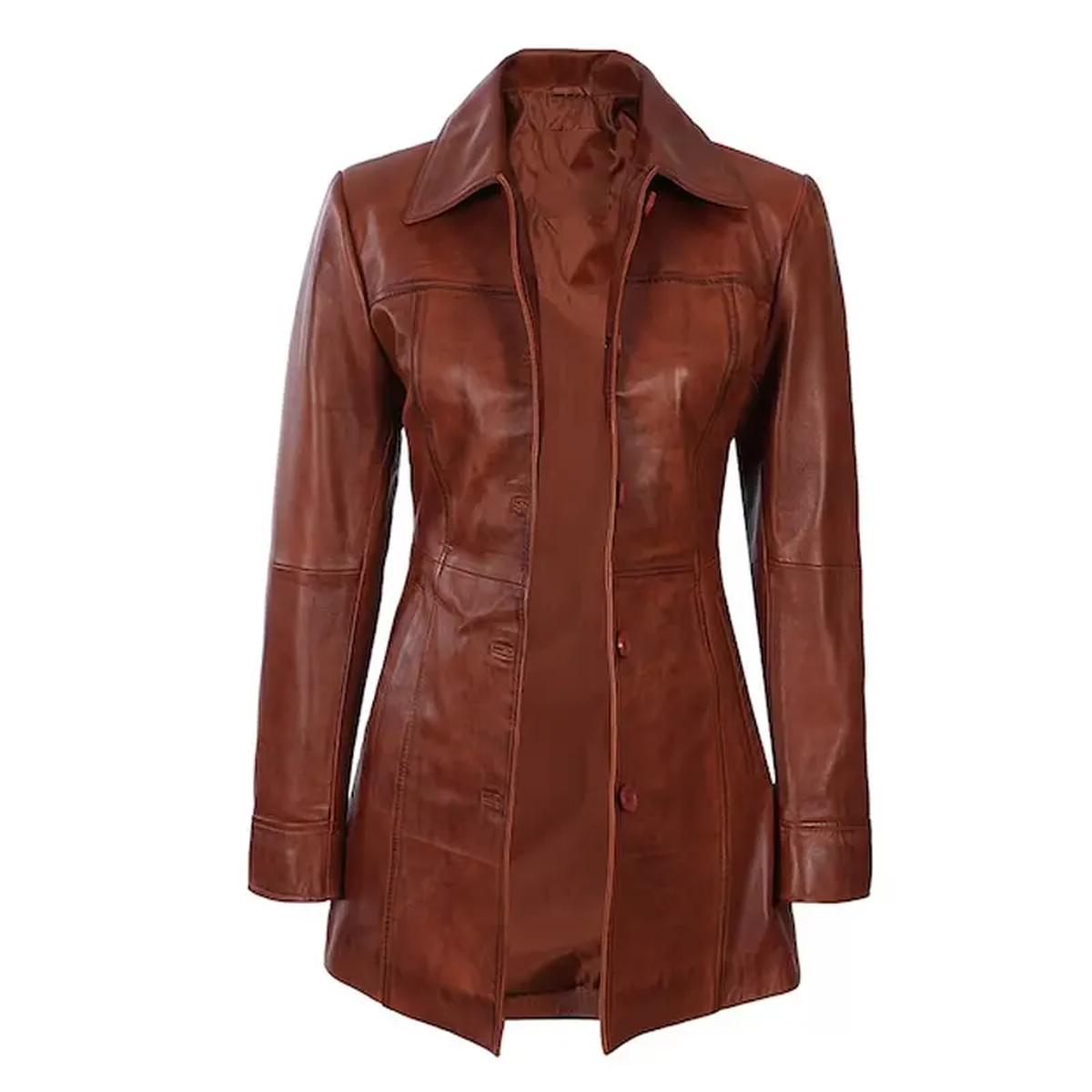 Manteau en cuir véritable ciré couleur cognac (3)