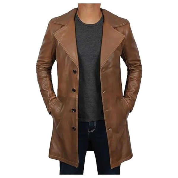 Trench-coat vintage en cuir véritable à larges revers