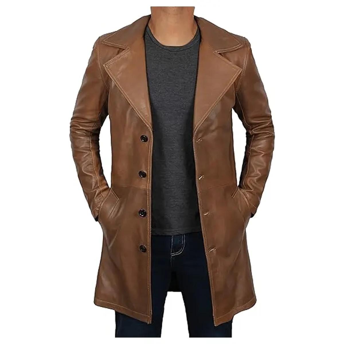 Trench-coat vintage en cuir véritable à larges revers (5)