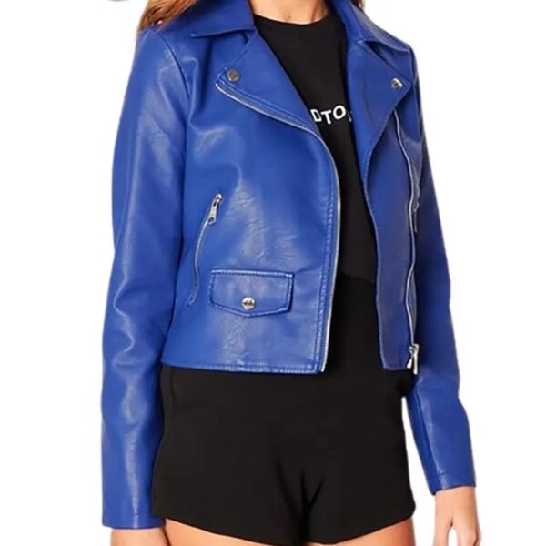 Veste de motard en cuir véritable bleu pour femme