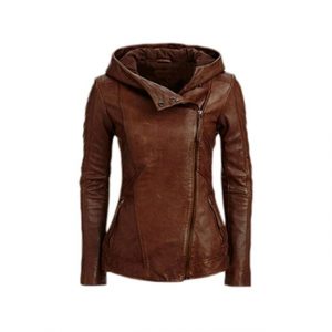 Veste à capuche en cuir véritable marron pour femme