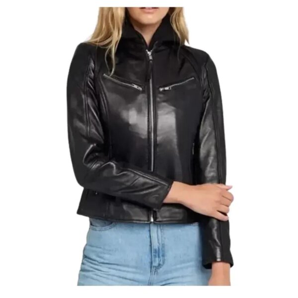 Veste en cuir véritable noir pour femme avec capuche