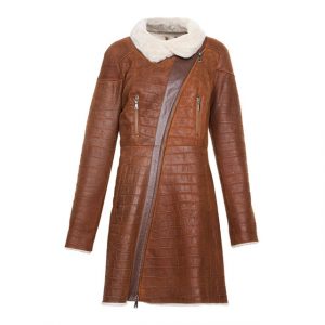 Long manteau en similicuir avec bordure en peau lainée marron