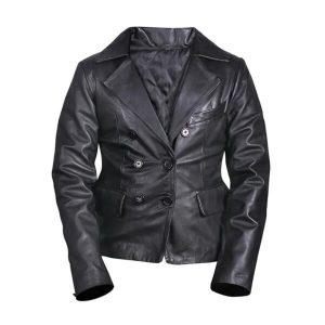Blazer doppiopetto in pelle nera da donna