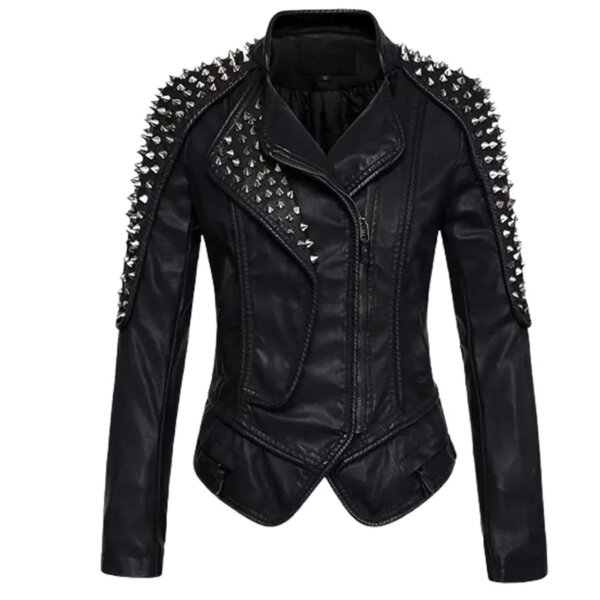 Veste en cuir véritable cloutée style punk pour femme