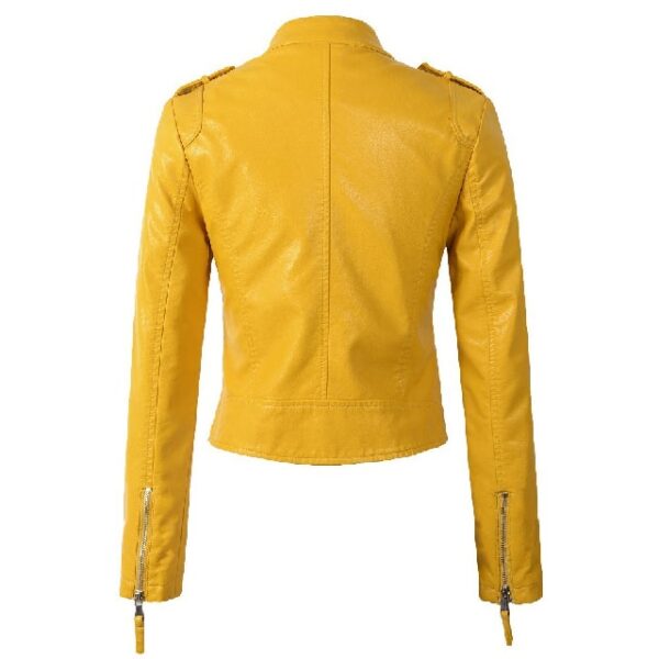Veste cintrée en cuir véritable jaune pour femme avec fermeture éclair latérale simple (3)