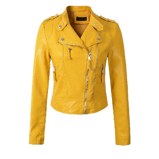 Veste cintrée en cuir véritable jaune pour femme avec fermeture éclair latérale simple