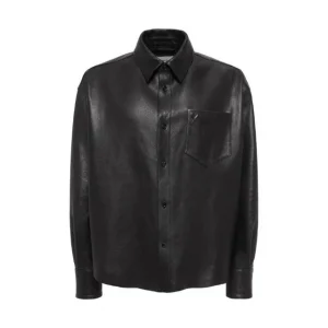 Chemise en cuir véritable noir pour homme, coupe carrée