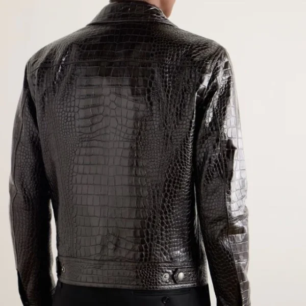 Veste en similicuir noir à imprimé crocodile pour homme (4)