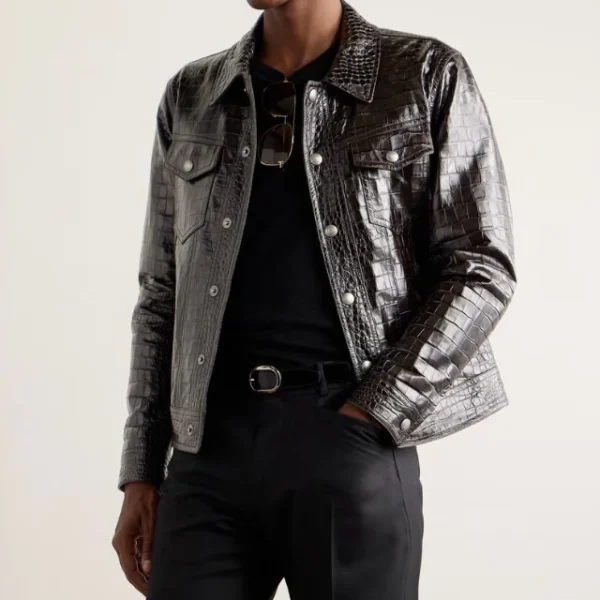 Veste en similicuir noir à imprimé crocodile pour homme (3)