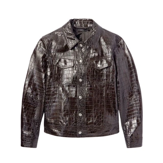 Veste en similicuir noir à imprimé crocodile pour homme