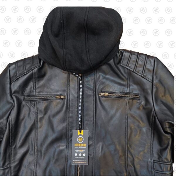 Blouson de motard en cuir véritable noir de créateur avec capuche (2)