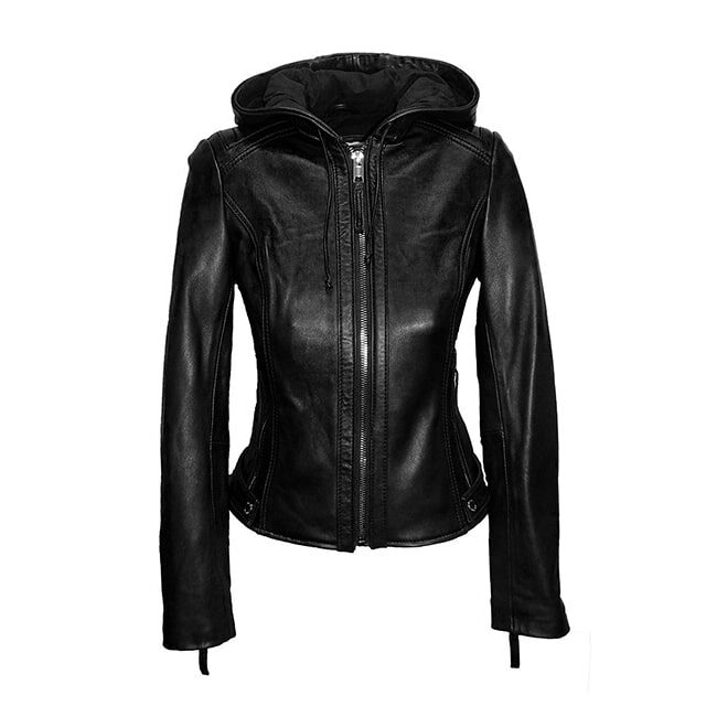 Veste de motard classique en cuir véritable pour femme avec capuche