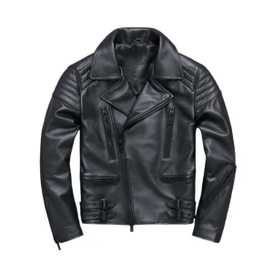 Giacca da motociclista in pelle nera nuova e slim fit da uomo