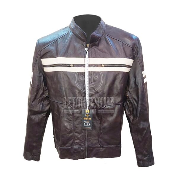 Veste de motard classique vintage en cuir véritable marron à motif de crâne (5)