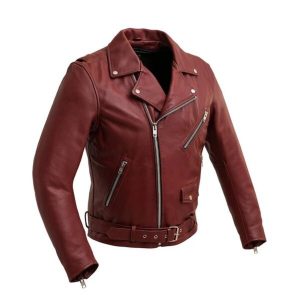 Giacca da motociclista in pelle di pecora da uomo color marrone
