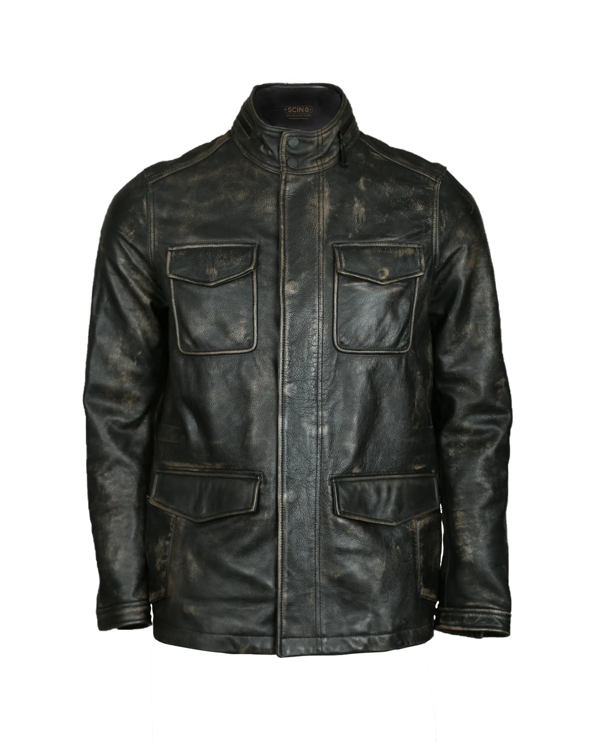 Veste de motard en cuir véritable mat à poches plaquées