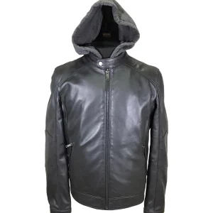 Blouson de motard en cuir véritable pour homme avec capuche amovible