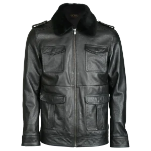 Blouson aviateur en cuir véritable pour homme avec poche plaquée