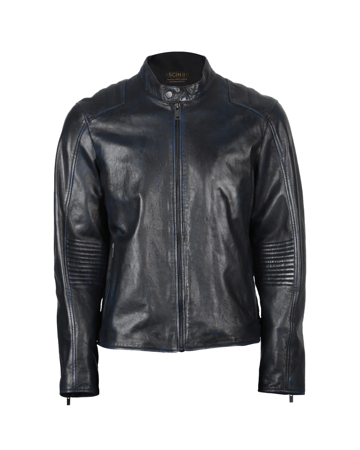 Veste de motard en cuir véritable à manches fuselées pour homme