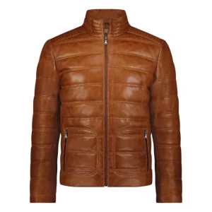 Giacca imbottita in pelle trapuntata color cognac da uomo