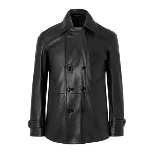 Cappotto doppiopetto nero in pelle di pecora da uomo