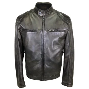 Blouson de motard en cuir véritable avec épaules matelassées