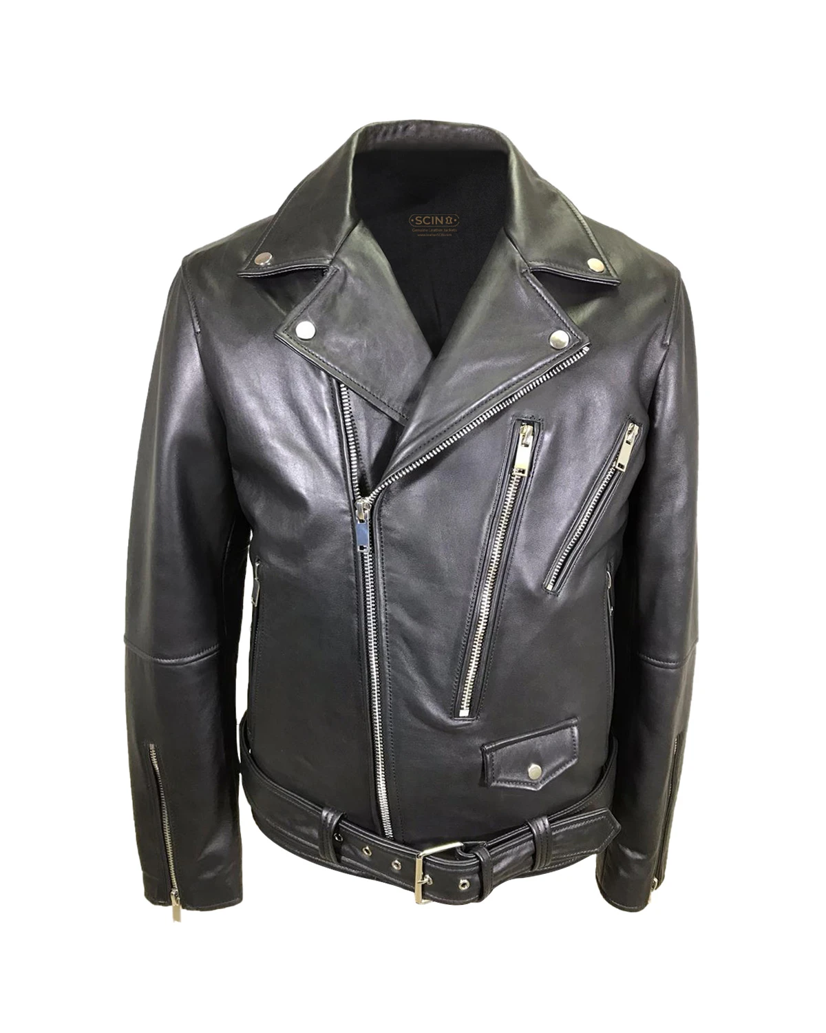 Veste de motard en cuir véritable ceinturée Ravin
