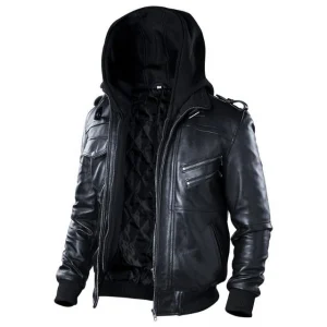 Blouson aviateur en cuir véritable véritable noir avec capuche