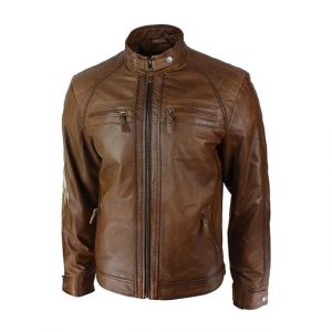 Blouson de motard rétro pour homme, zippé, en cuir véritable véritable souple
