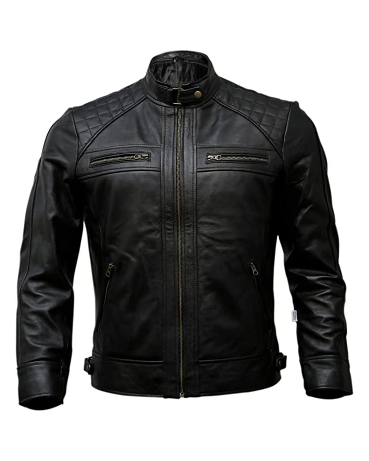 Veste de motard classique en peau de mouton pour homme, noire