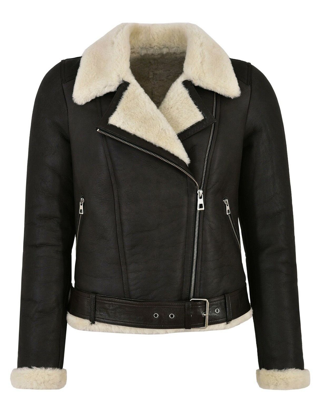 Veste de motard en cuir véritable de mouton retourné Celia