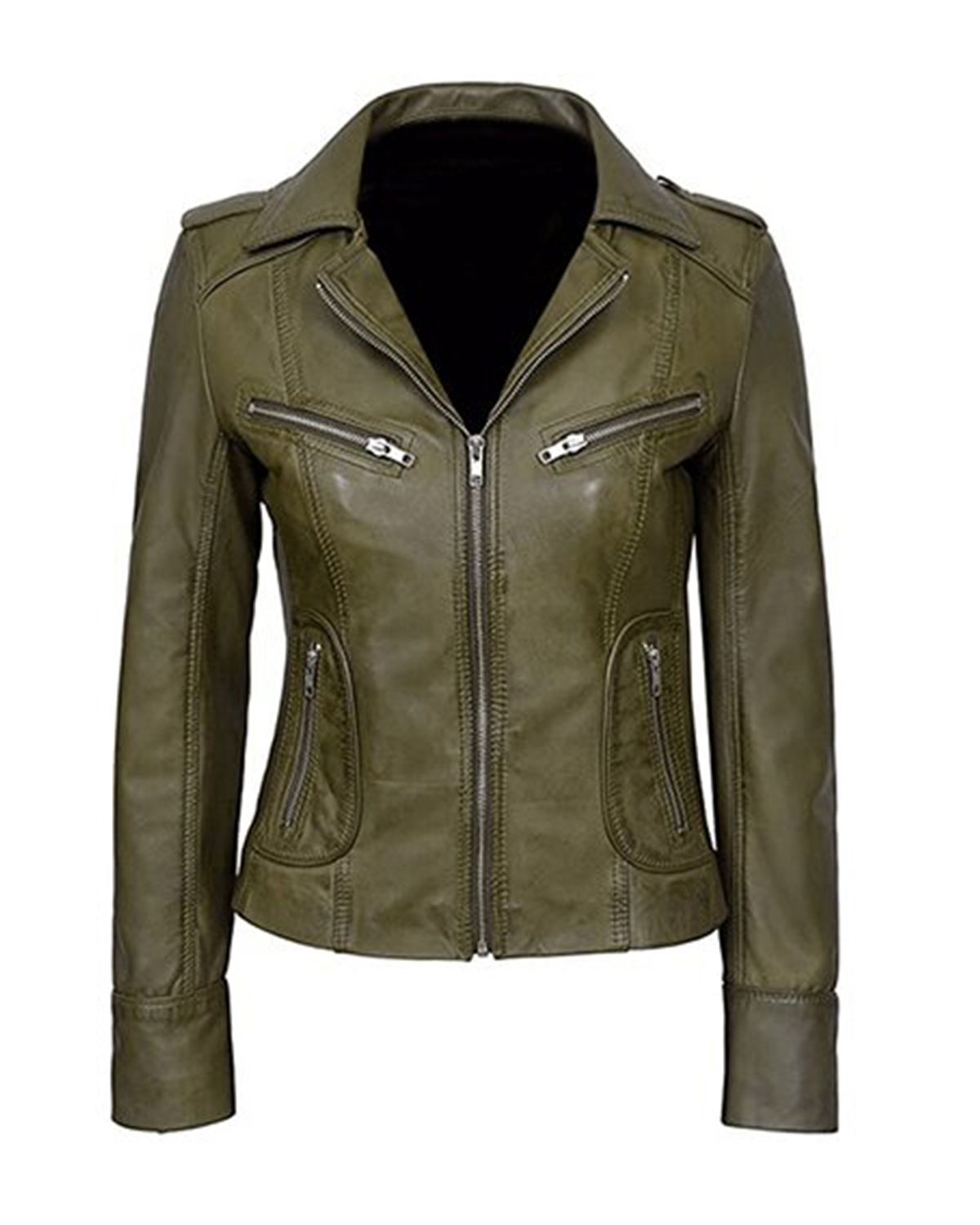 Veste de motard classique pour femme en cuir véritable véritable vert olive