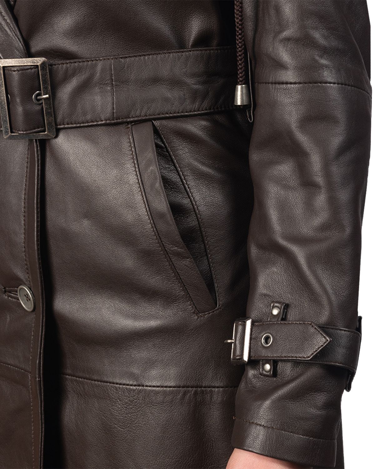 Trench-coat long en cuir véritable naturel pour femme, noir (3)