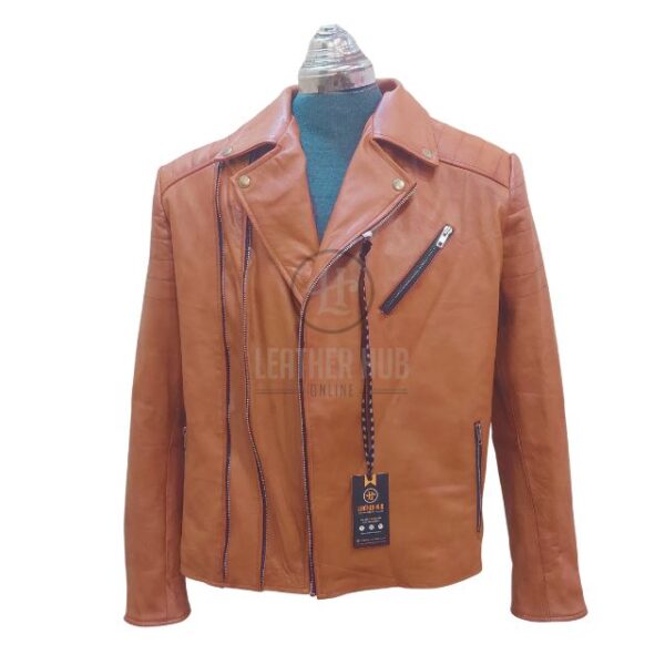Blouson de motard en cuir véritable de mouton marron pour homme, style racer (11)