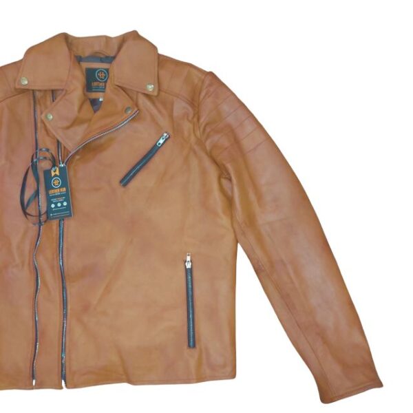 Blouson de motard en cuir véritable de mouton marron pour homme, style racer (8)