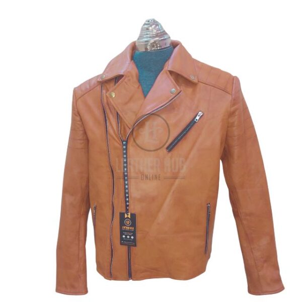Blouson de motard en cuir véritable de mouton marron pour homme, style racer (7)