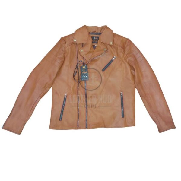 Blouson de motard en cuir véritable de mouton marron pour homme, style racer (2)