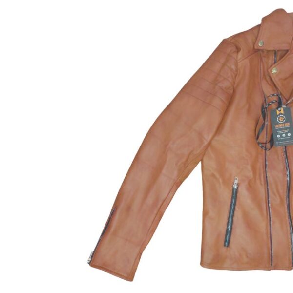 Blouson de motard en cuir véritable de mouton marron pour homme, style racer (4)