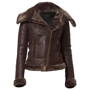 Giacca da motociclista classica in pelle naturale da donna, marrone scuro
