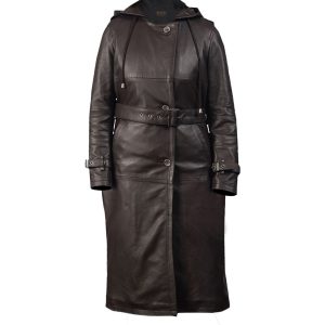 Trench-coat long en cuir véritable naturel pour femme, noir