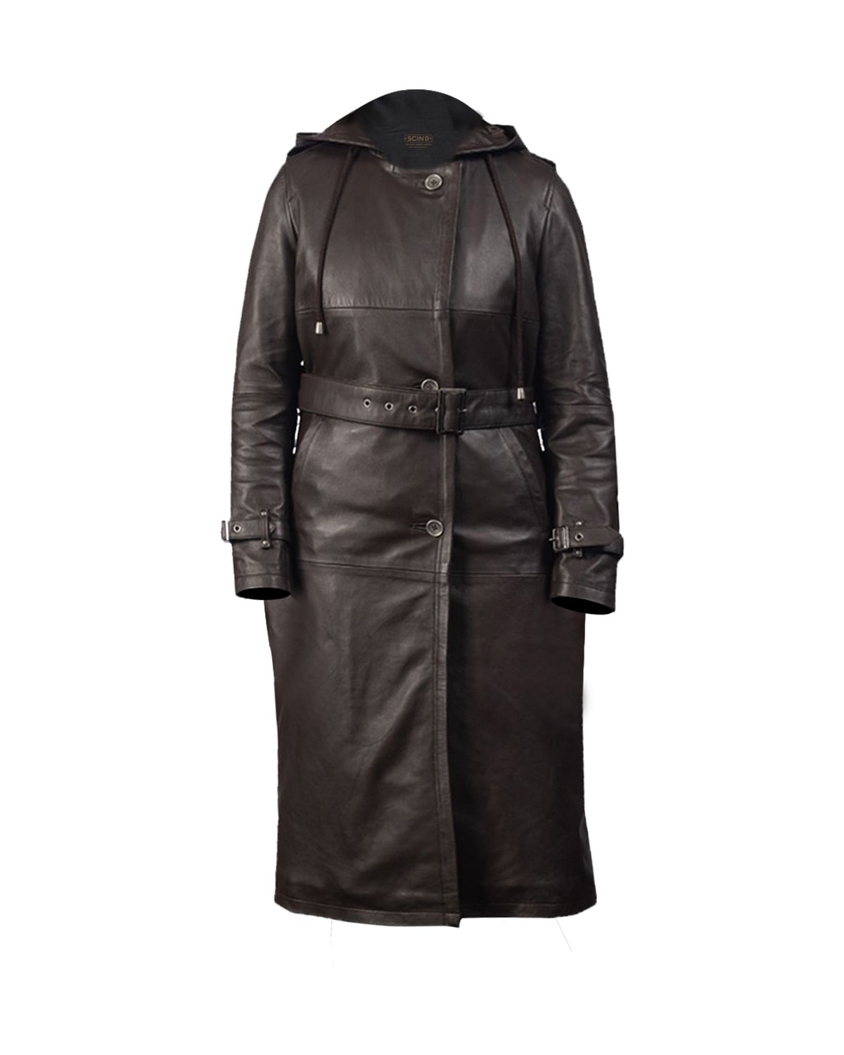 Trench-coat long en cuir véritable naturel pour femme, noir
