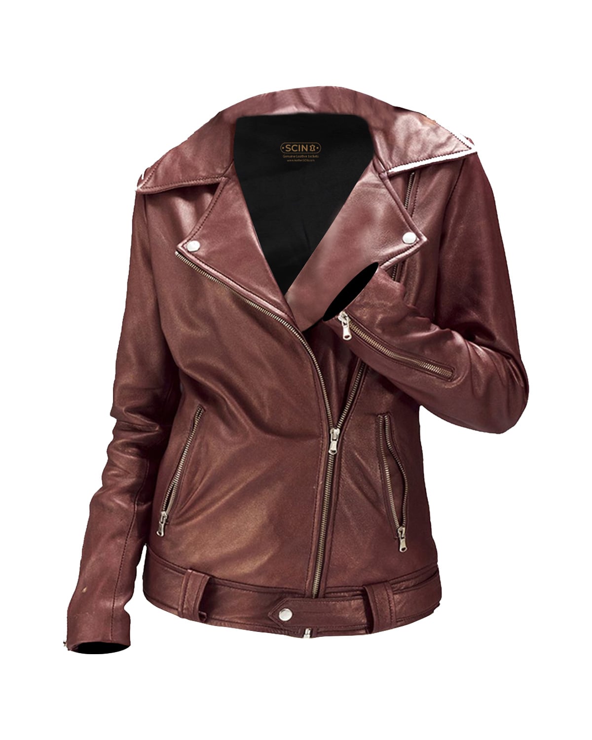Veste de motard classique en peau de mouton marron pour femme