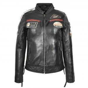 BUNERI Veste Biker Café Racer en Cuir pour Femme Badges Moto Noire
