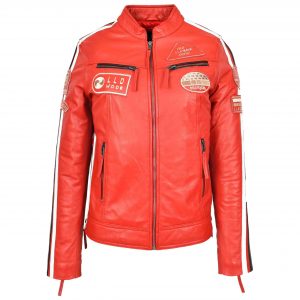 BUNERI Rouge Veste Biker Femme Cuir Cafe Racer Badges Moto