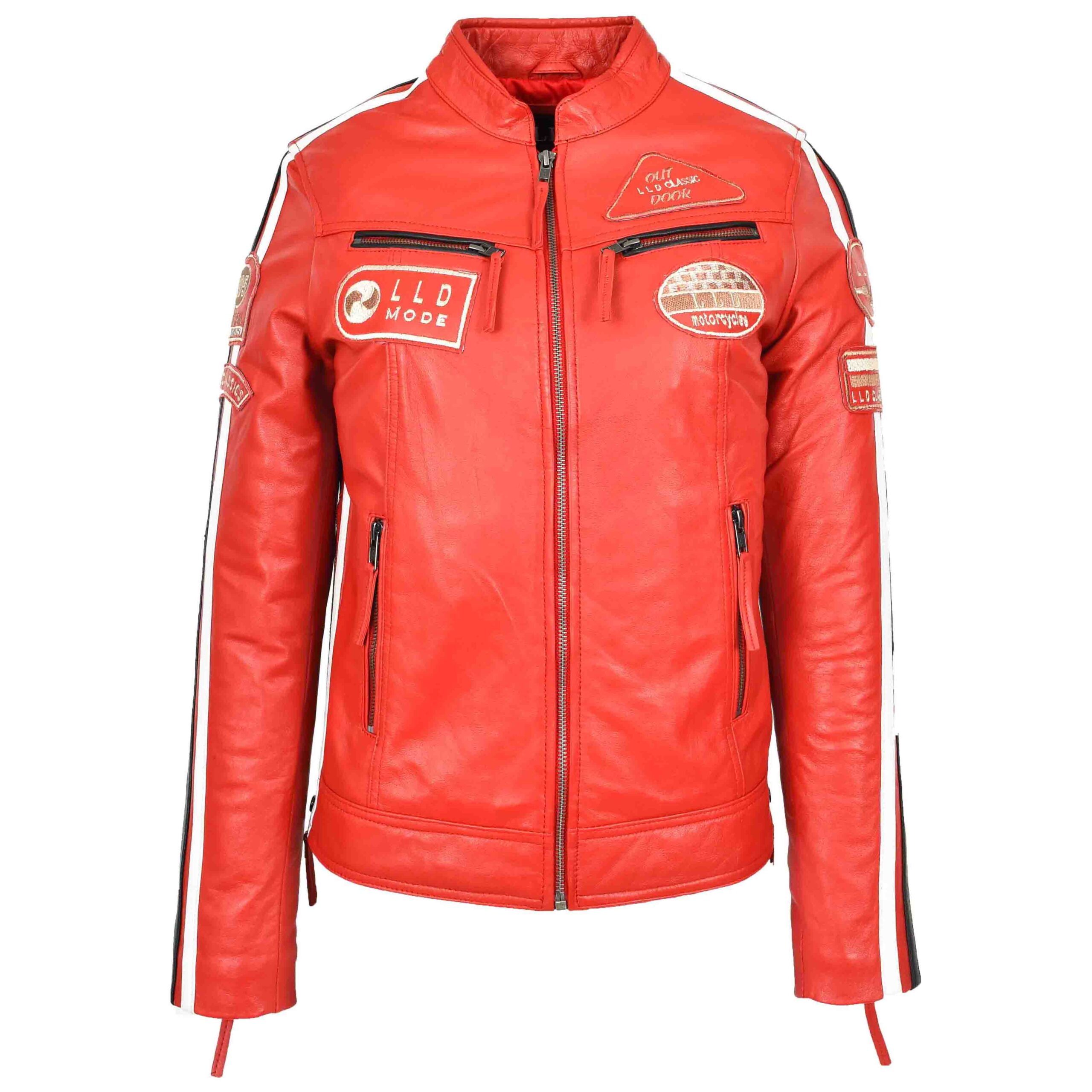 BUNERI Rouge Veste Biker Femme Cuir Cafe Racer Badges Moto