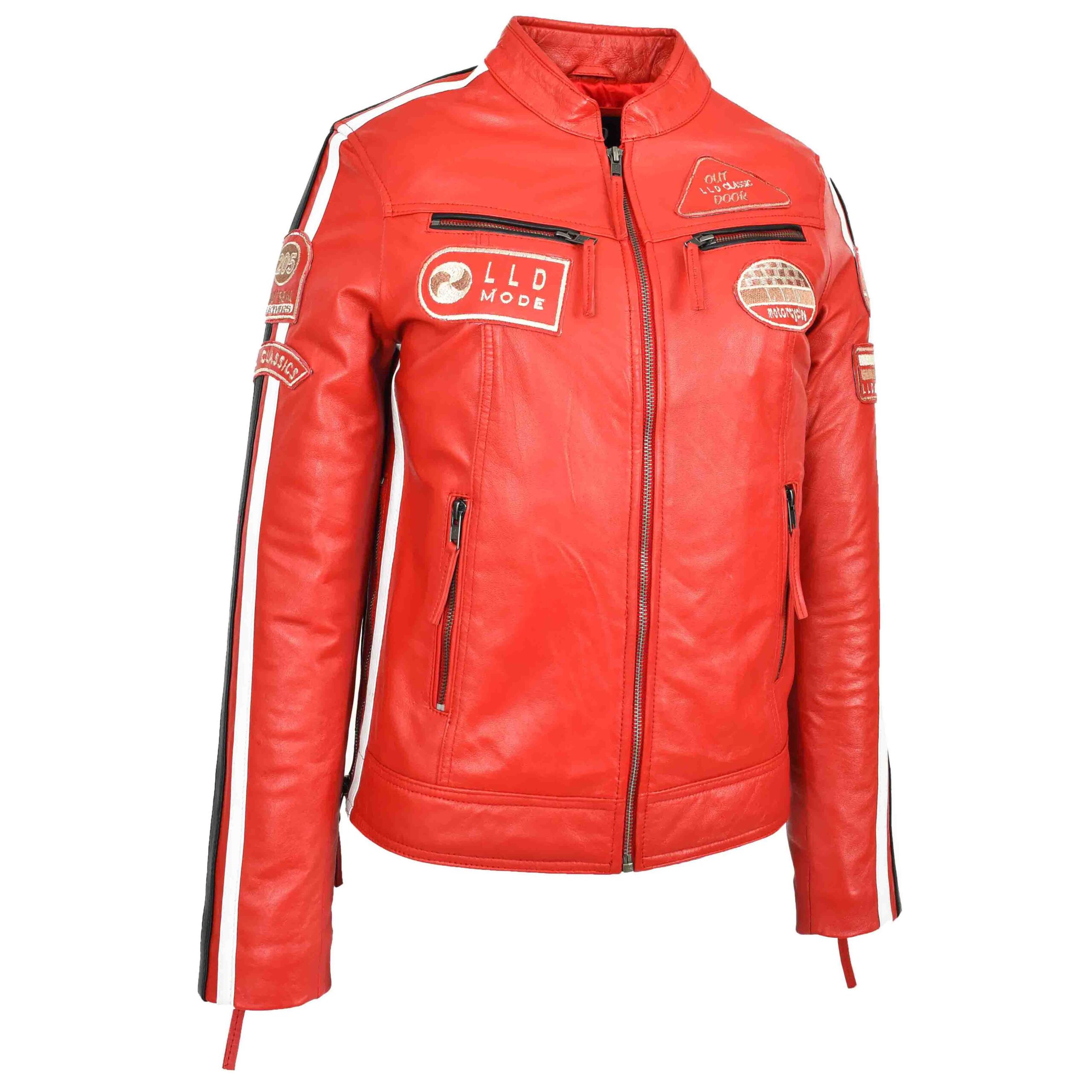 BUNERI Rouge Veste Biker Femme Cuir Cafe Racer Badges Moto – Image 3