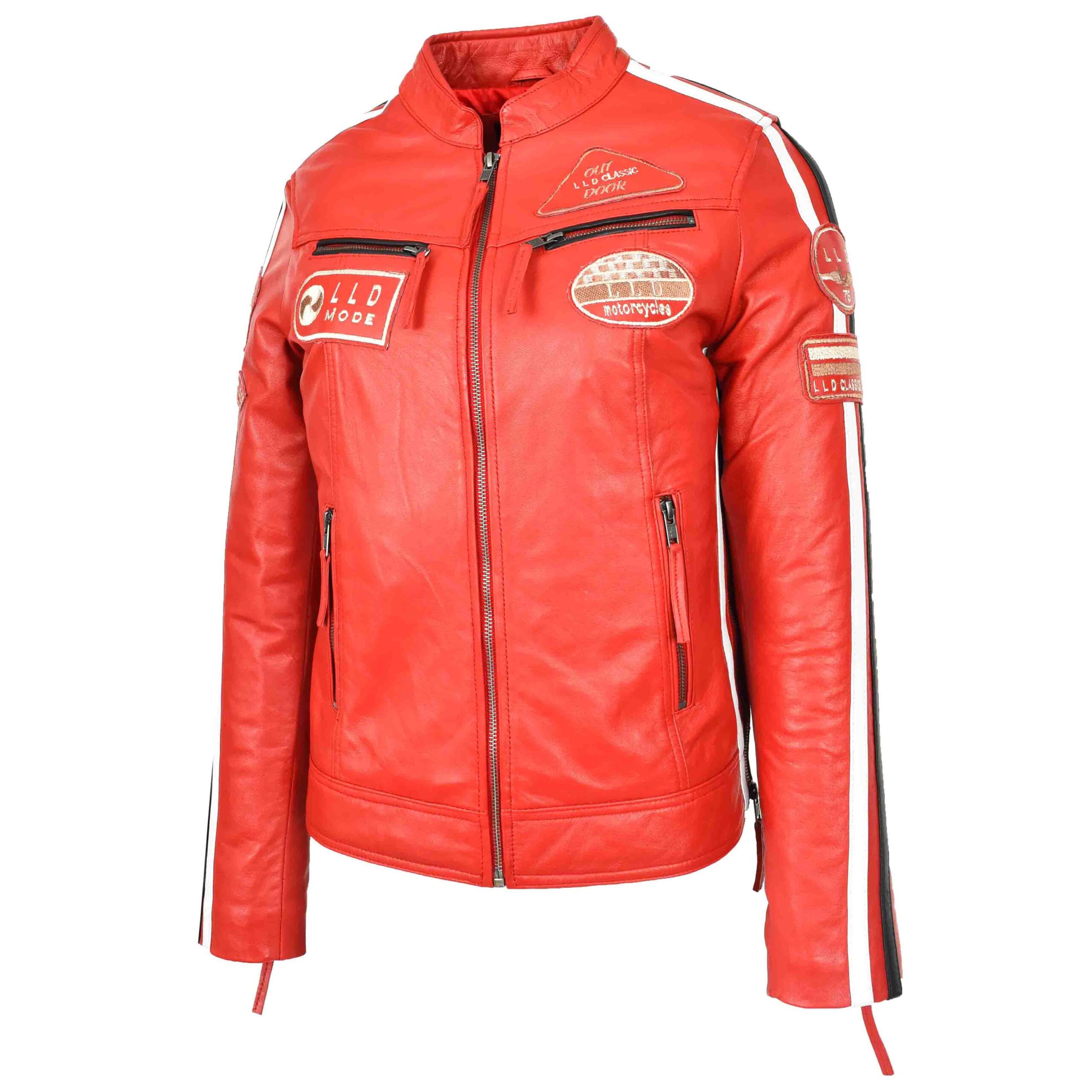 BUNERI Rouge Veste Biker Femme Cuir Cafe Racer Badges Moto – Image 4